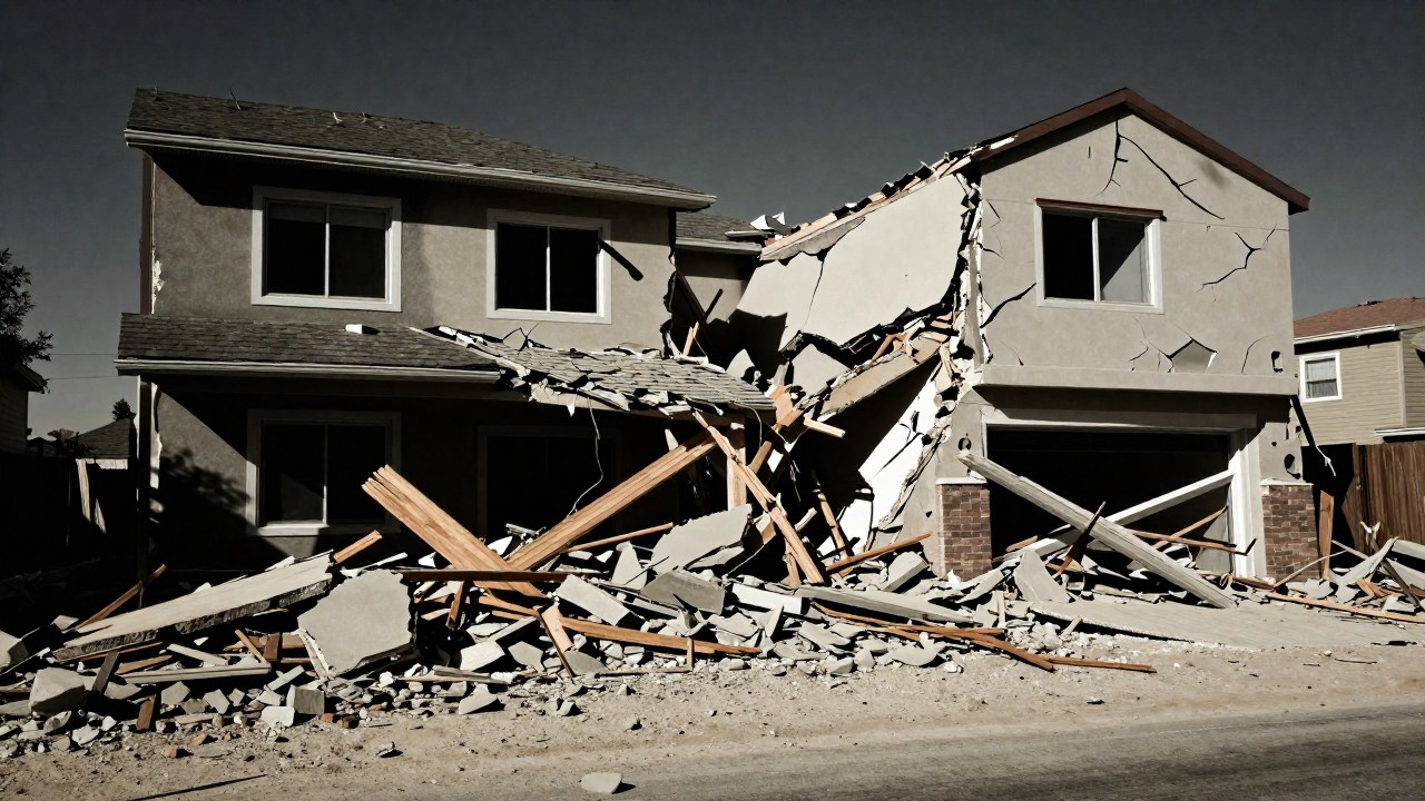 Casa suburbana de dos pisos sufriendo un colapso estructural tras un grave terremoto.