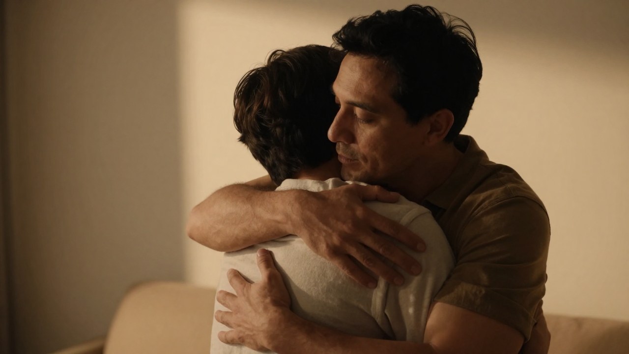Hombre adulto abraza suavemente a una persona más joven en un entorno interior cálido.