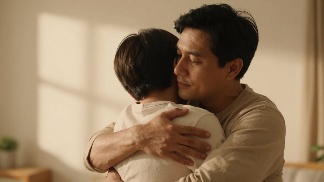 Un padre abraza a una persona joven en un momento íntimo, mostrando protección y consuelo.