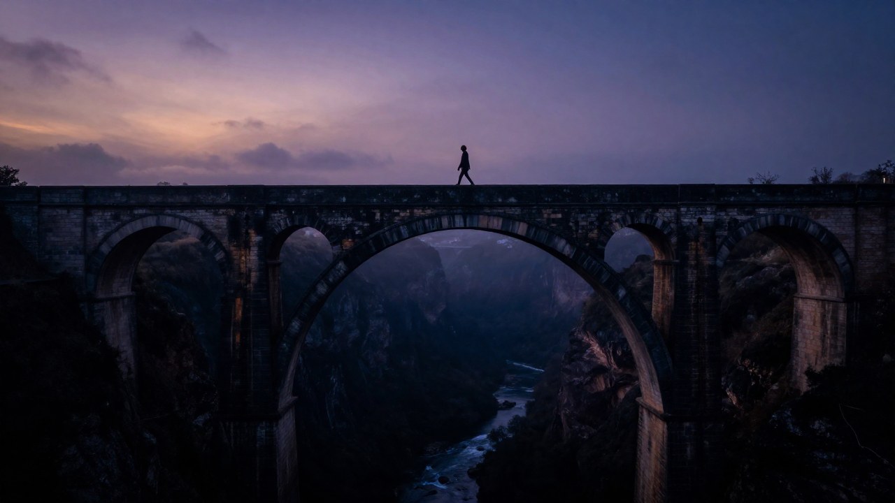 Figura solitaria cruza un antiguo puente de piedra sobre un profundo desfiladero al anochecer.