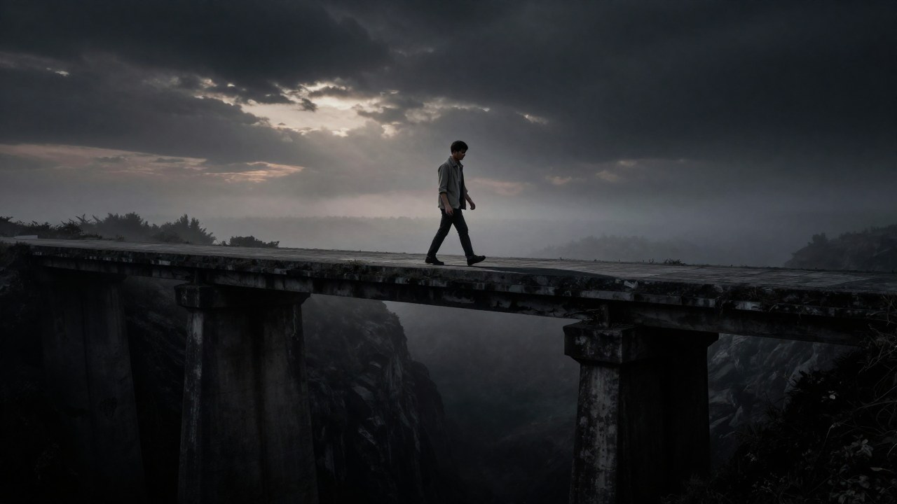 Una figura solitaria atraviesa un puente antiguo sobre un profundo abismo brumoso al atardecer.