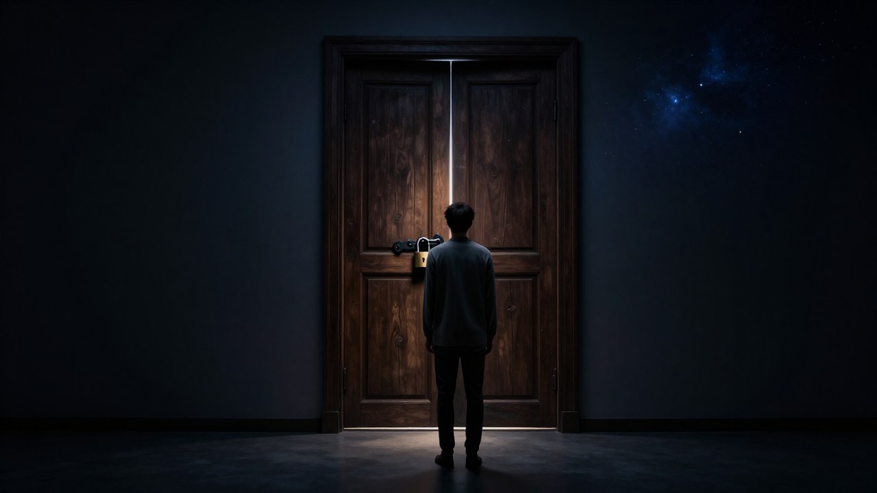 Figura contemplativa de pie ante una imponente puerta antigua y cerrada con un pesado cerrojo de hierro.