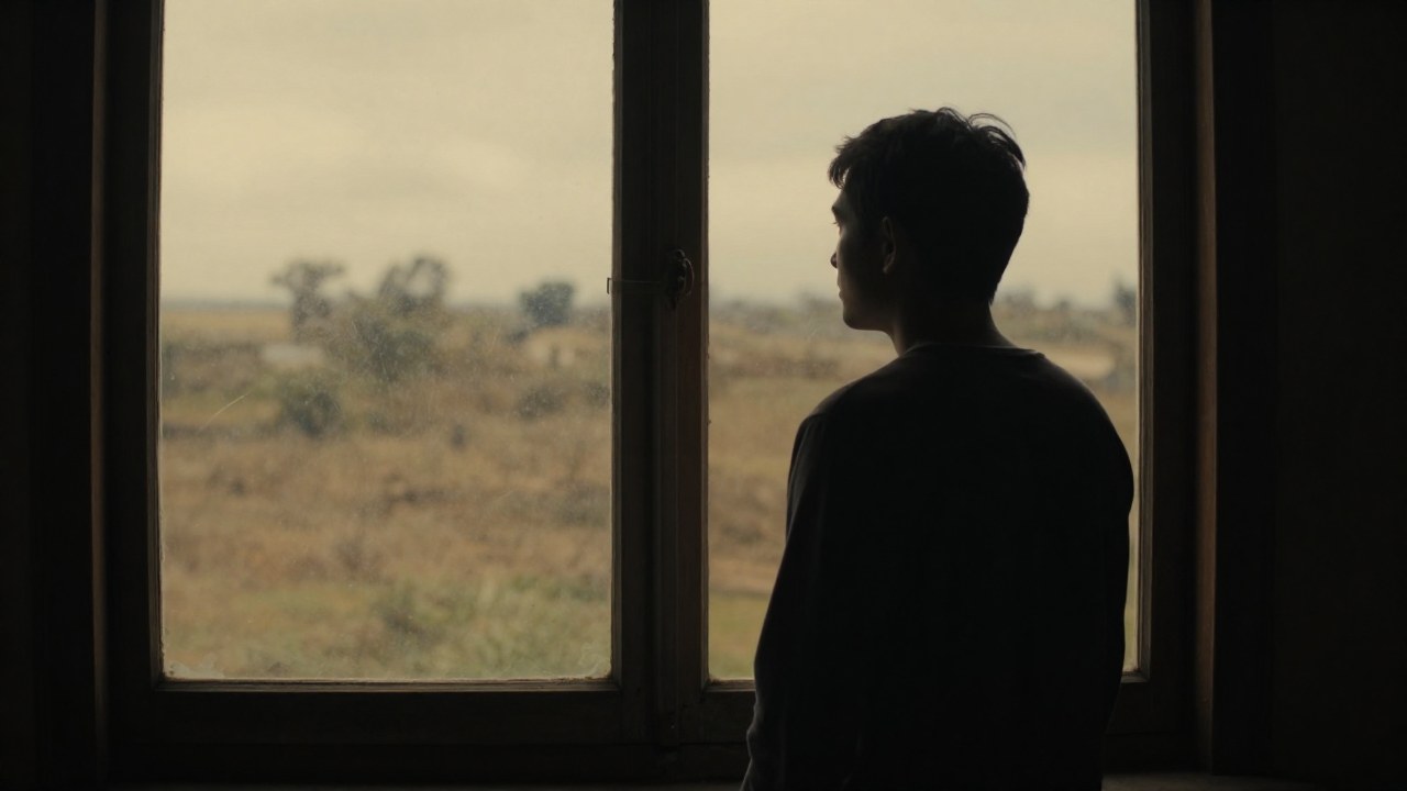Figura observando el paisaje lejano desde el interior de una ventana antigua en un ambiente desgastado.