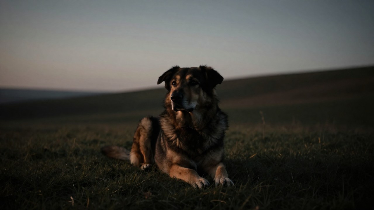 Perro de raza grande descansando tranquilamente en un extenso paisaje natural al amanecer o atardecer.