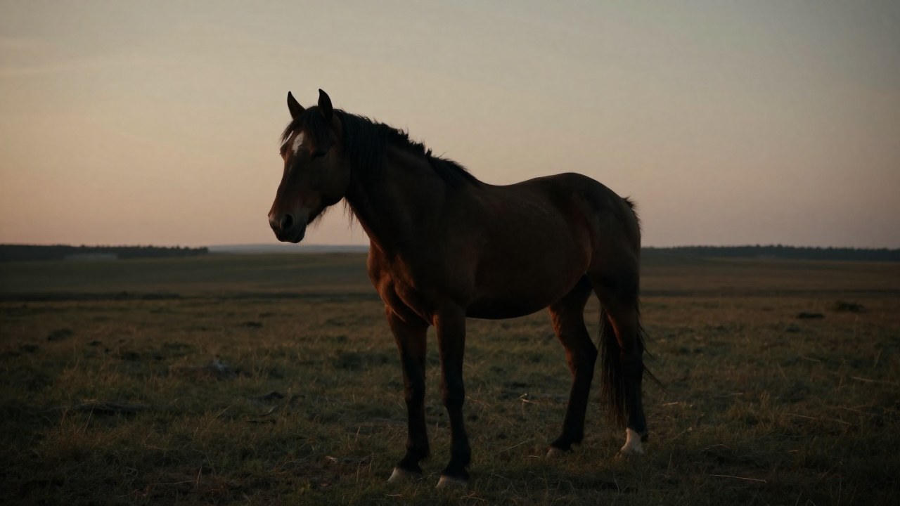 Caballo exhausto y debilitado de pie en un vasto y silencioso paisaje rústico al anochecer.