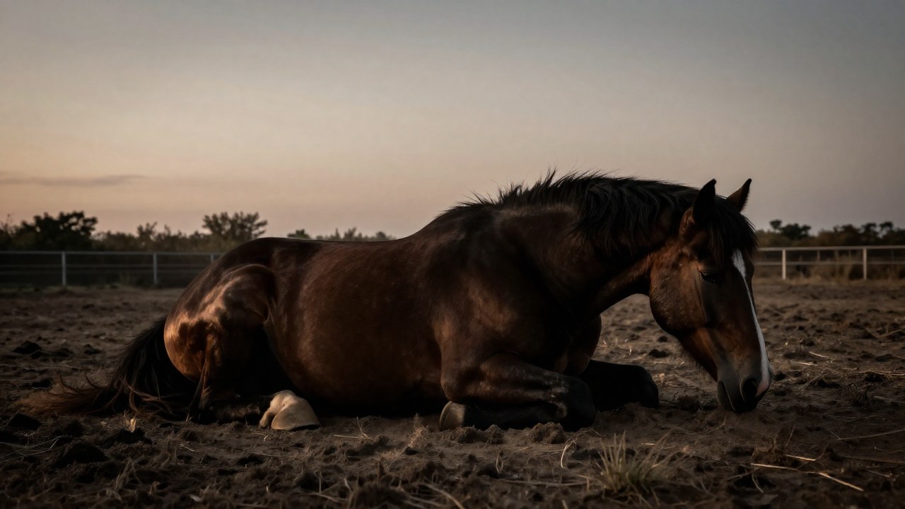 Caballo grande y exhausto descansando en un paddock polvoriento al atardecer.