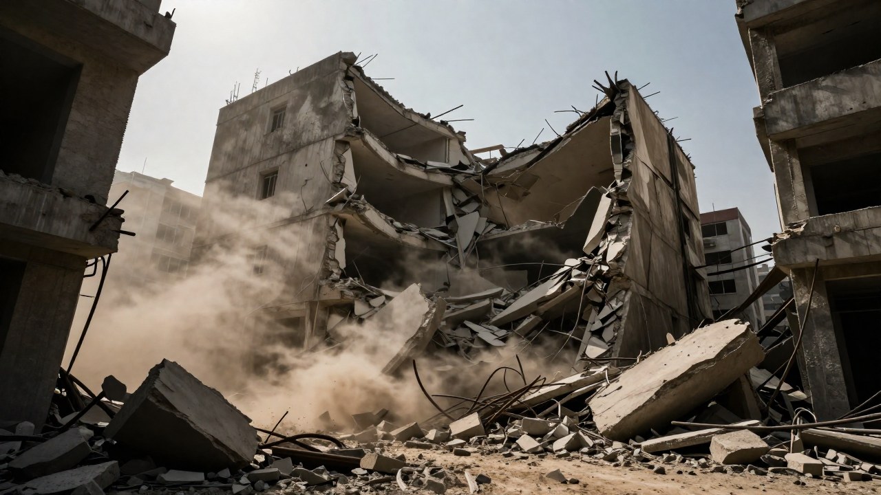 Edificio de hormigón en un entorno urbano sufriendo un colapso tras un severo terremoto.
