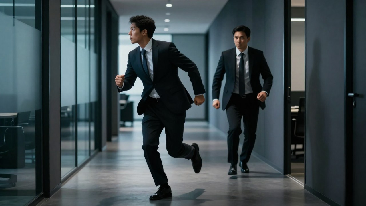 Un ejecutivo corre por un pasillo corporativo mientras una figura de autoridad lo persigue.