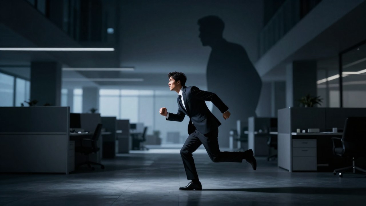 Una persona en traje corre frenéticamente en una oficina oscura, huyendo de una figura sombría de autoridad.