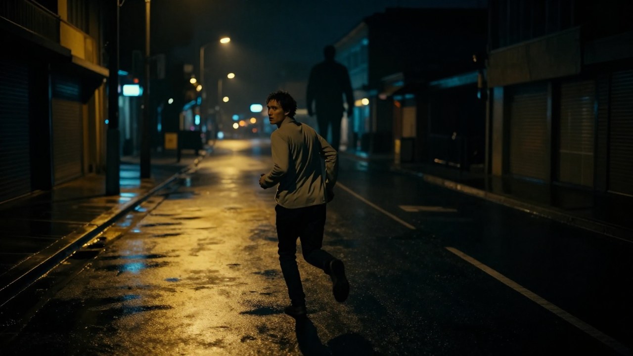 Una figura huye frenéticamente por una calle nocturna y húmeda, con una sombra ominosa detrás.
