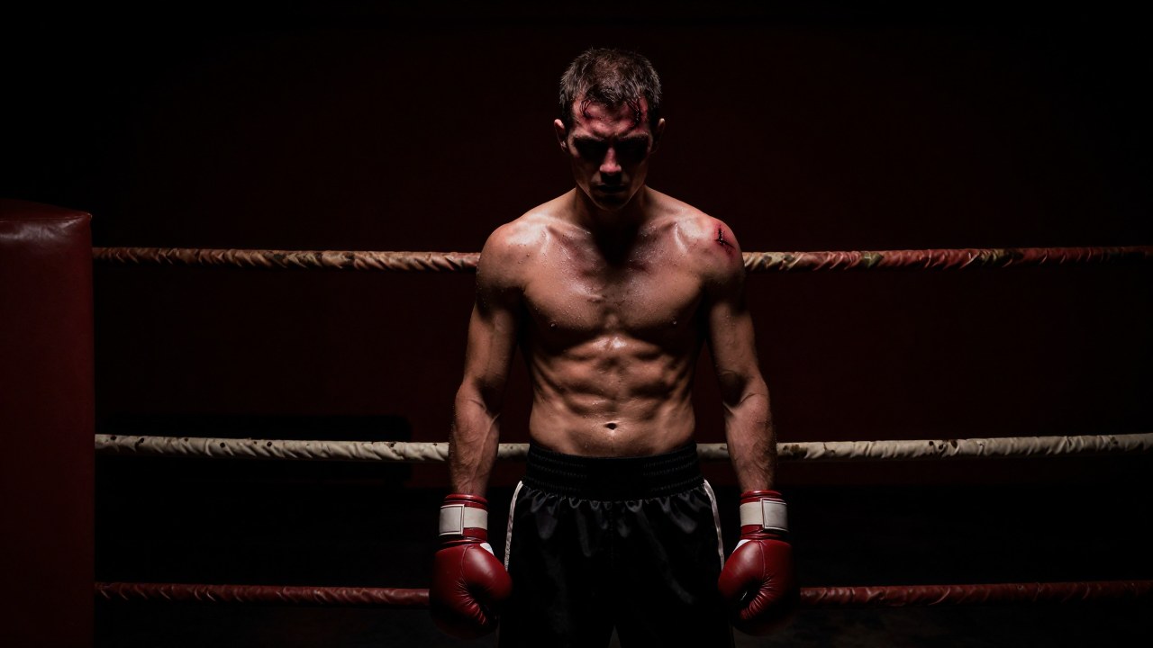 Figura solitaria en un ring de boxeo desgastado, con heridas visibles en el rostro.