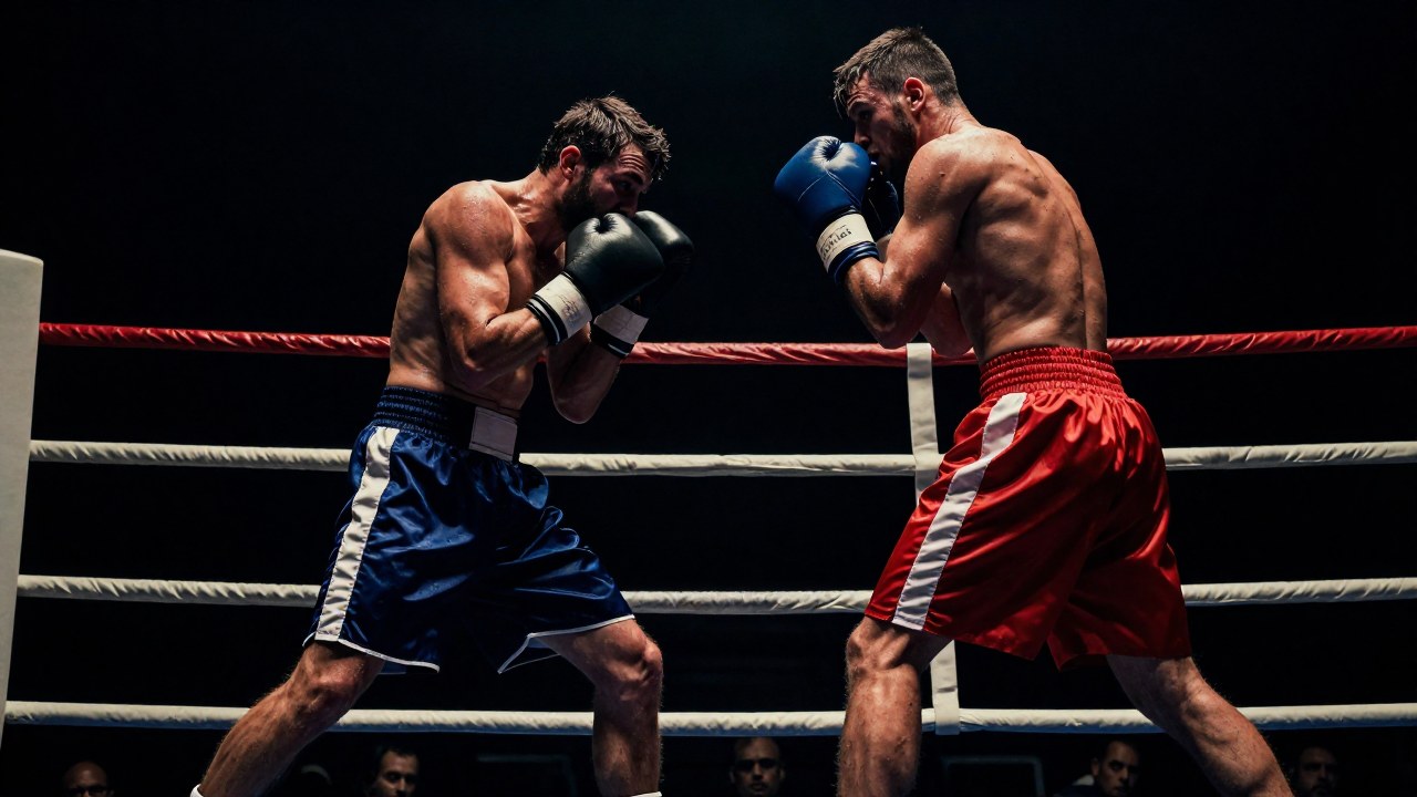 Dos boxeadores en un cuadrilátero de lucha, uno en defensa y el otro en ataque agresivo.