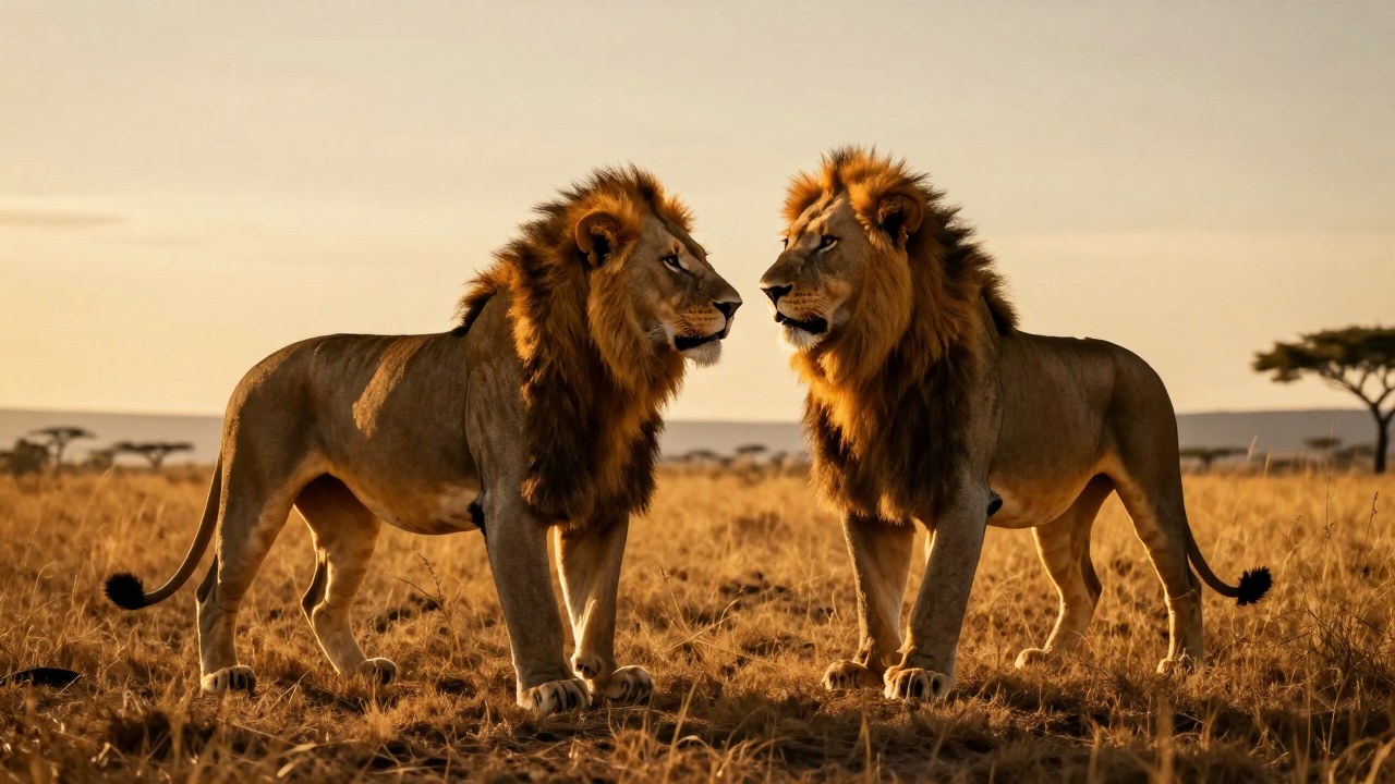 Figura humana determinada se enfrenta a un majestuoso león macho en la sabana africana.