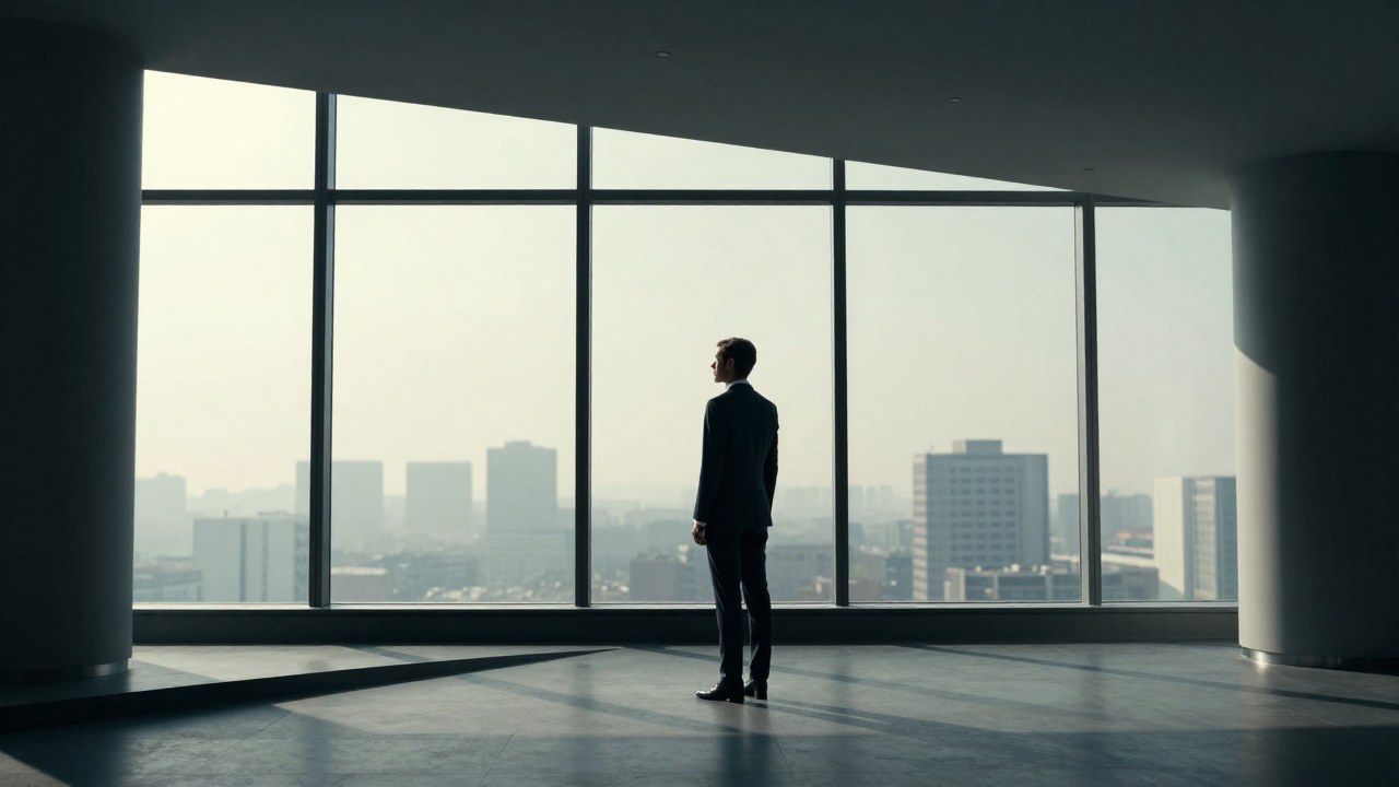 Un ejecutivo en traje observa pensativo el paisaje urbano desde un amplio y minimalista espacio corporativo.