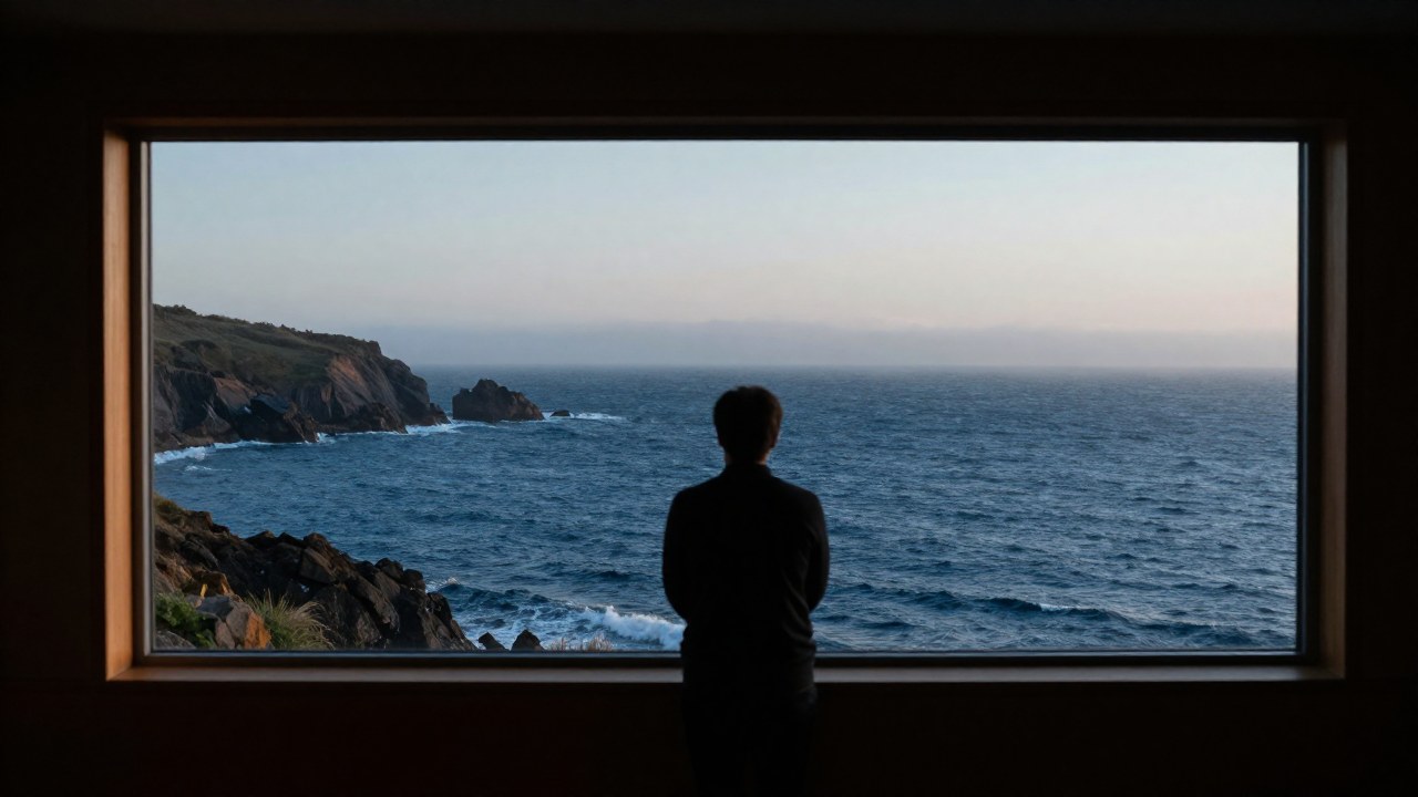 Silueta de una persona en contemplación frente a la vista panorámica de un vasto océano.