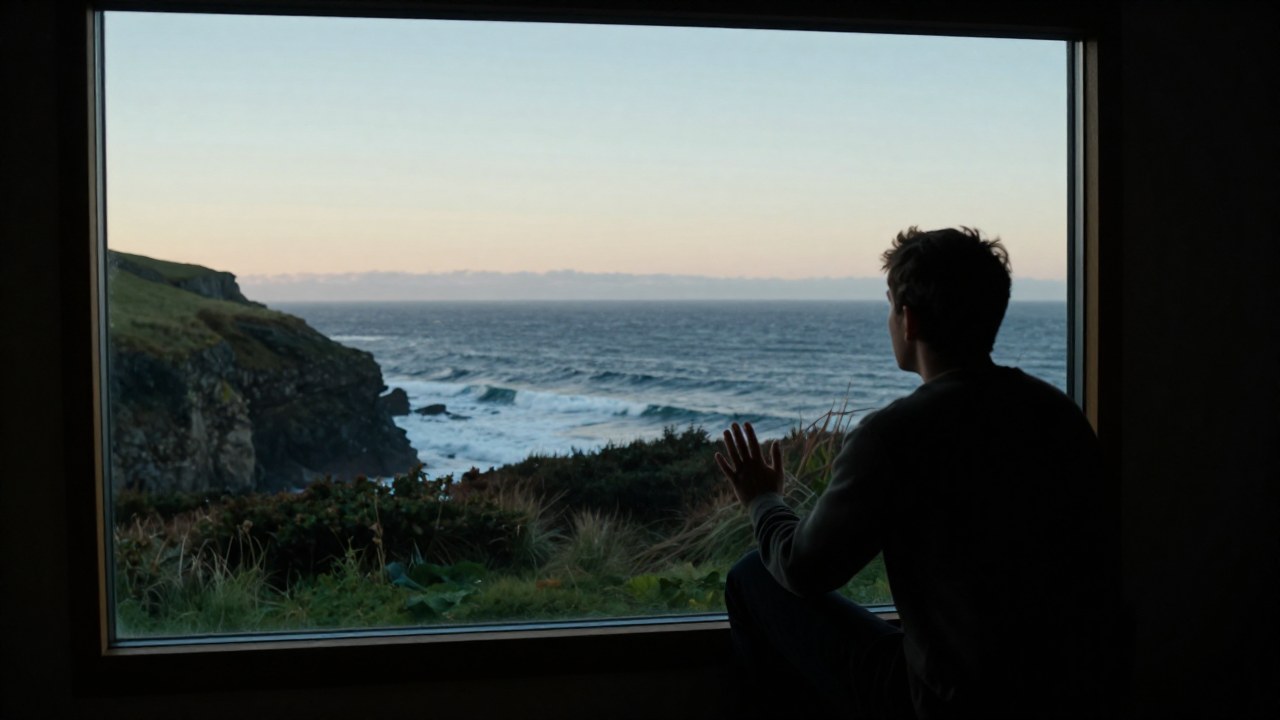 Persona pensativa observando la vastedad del océano desde una ventana en la costa.