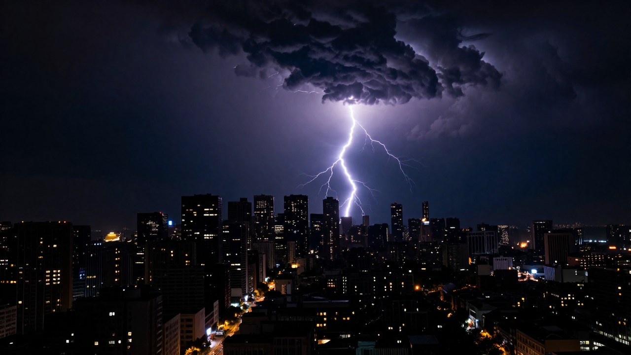 Ciudad metropolitana nocturna bajo tormenta eléctrica, con un rayo brillante impactando sobre la arquitectura.