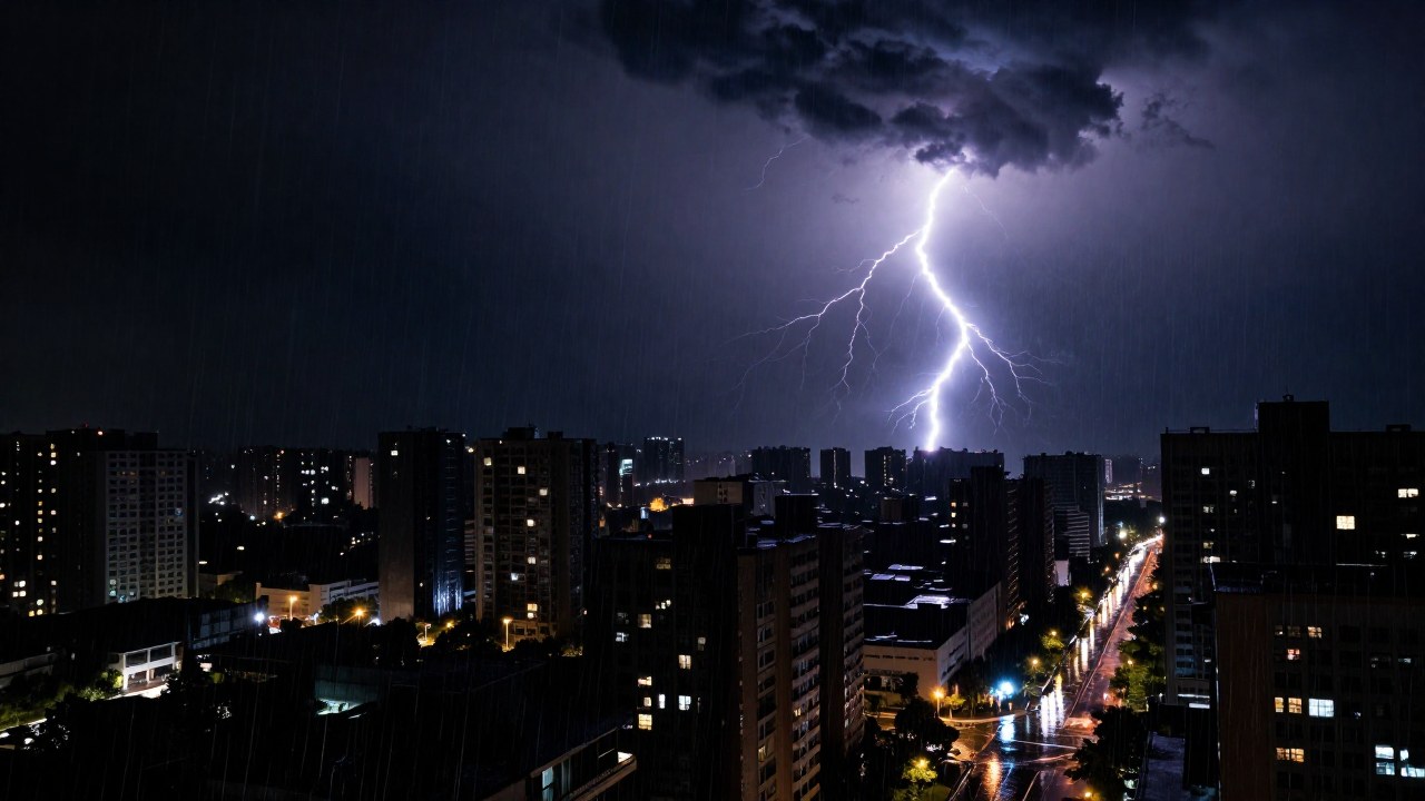 Ciudad nocturna bajo una tormenta eléctrica intensa, iluminada por un relámpago.