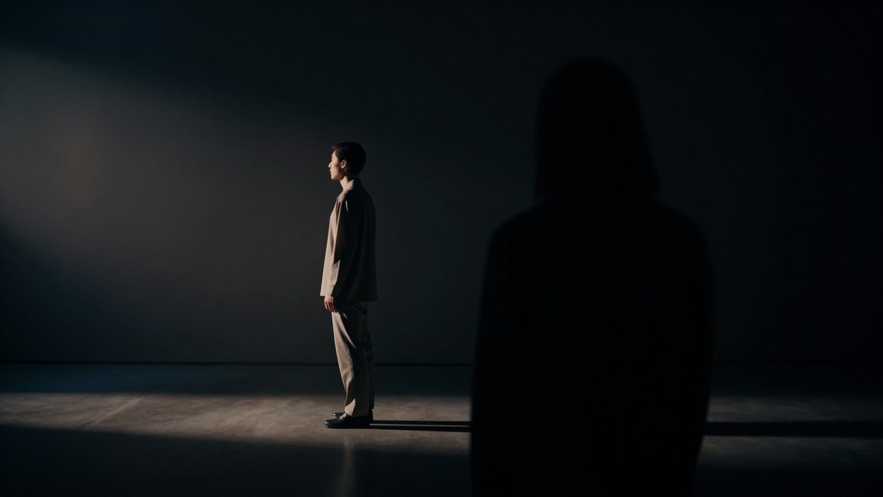 Figura solitaria contemplando una presencia oscura y difusa en un espacio interior.