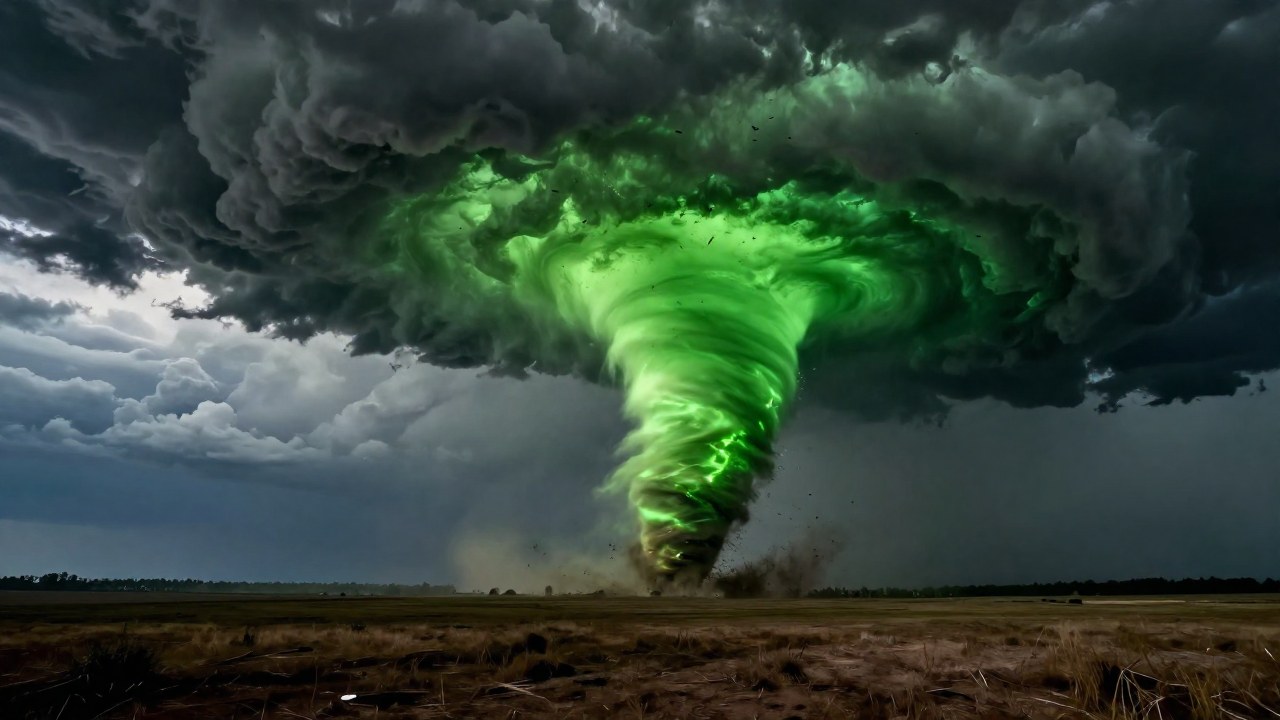 Un tornado verde y colosal gira sobre una vasta llanura desolada bajo un cielo tormentoso.