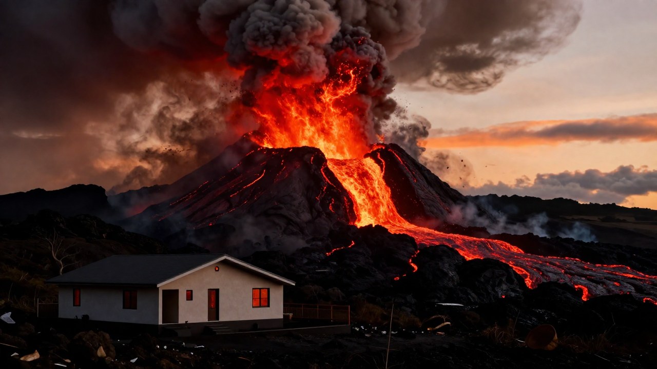 Una casa moderna amenazada por el flujo de lava durante una erupción volcánica.