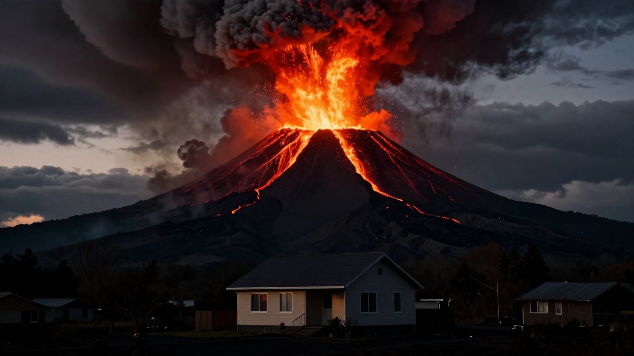 Erupción volcánica masiva confronta una casa en un valle, lanzando ceniza y magma.