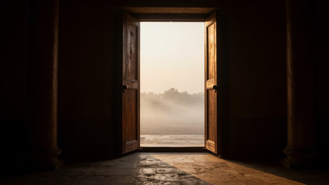Un umbral de madera antigua separa un espacio interior oscuro de un paisaje exterior brillante y neblinoso.