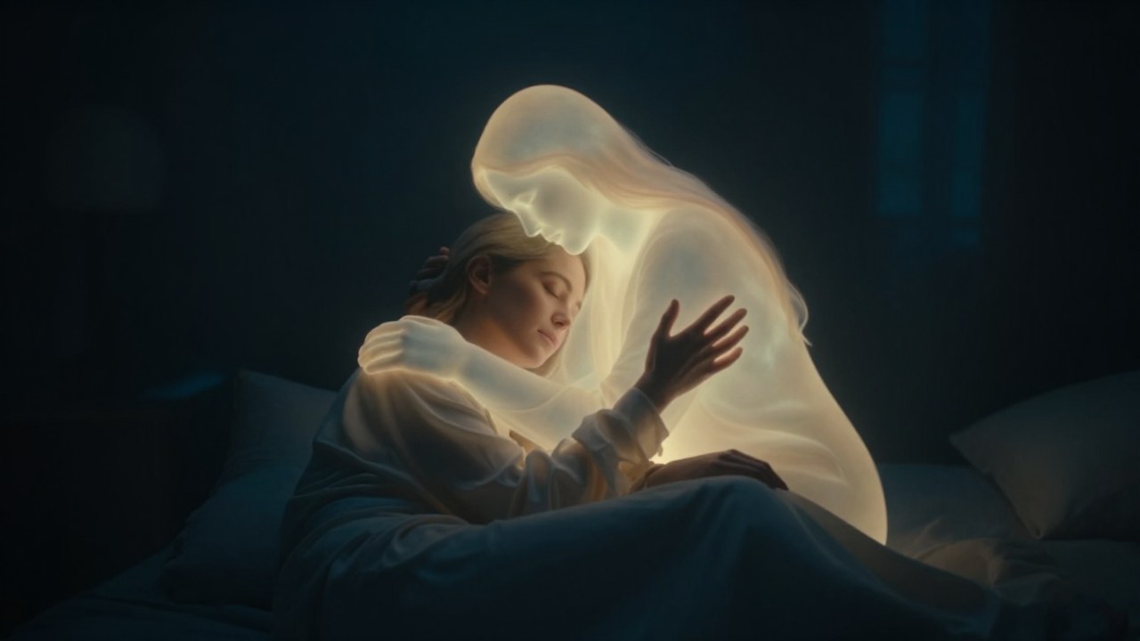 Una persona reposa en contemplación mientras una figura luminosa y translúcida de un ser querido la abraza.