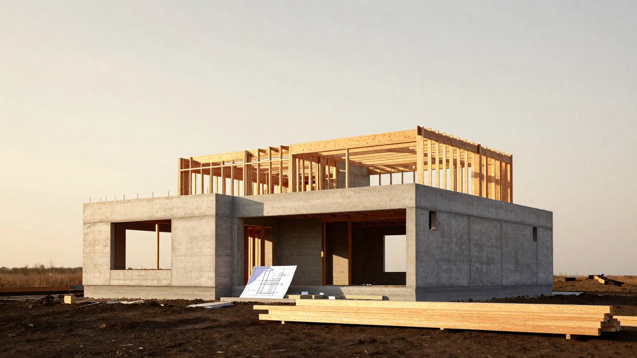 Estructura de casa moderna en construcción con vigas de madera y planos arquitectónicos.