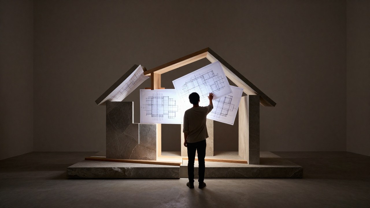 Persona centrada en ensamblar una estructura conceptual utilizando materiales arquitectónicos brutos en un estudio minimalista.