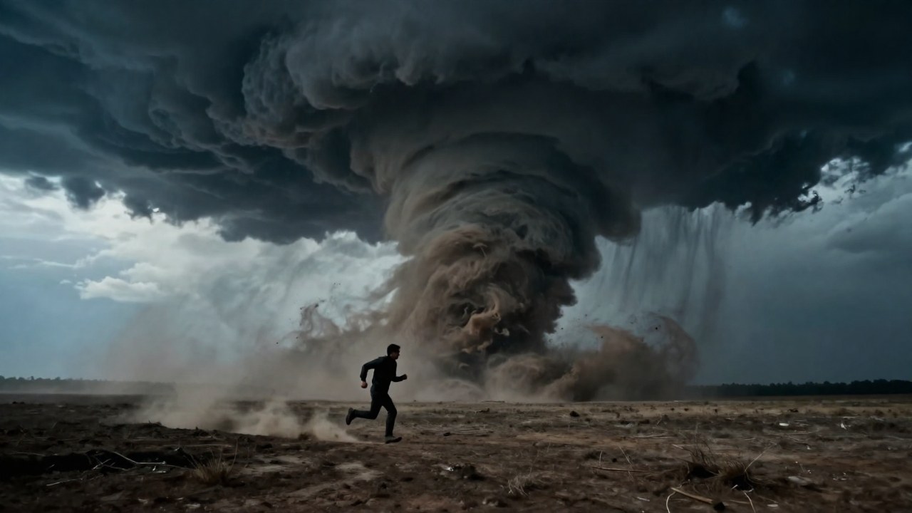 Una figura corre desesperadamente a través de un paisaje desolado con un tornado turbulento en el fondo.
