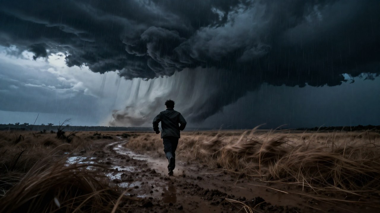 Persona corriendo urgentemente lejos de un embudo nuboso gigante en un paisaje desolado y tormentoso.