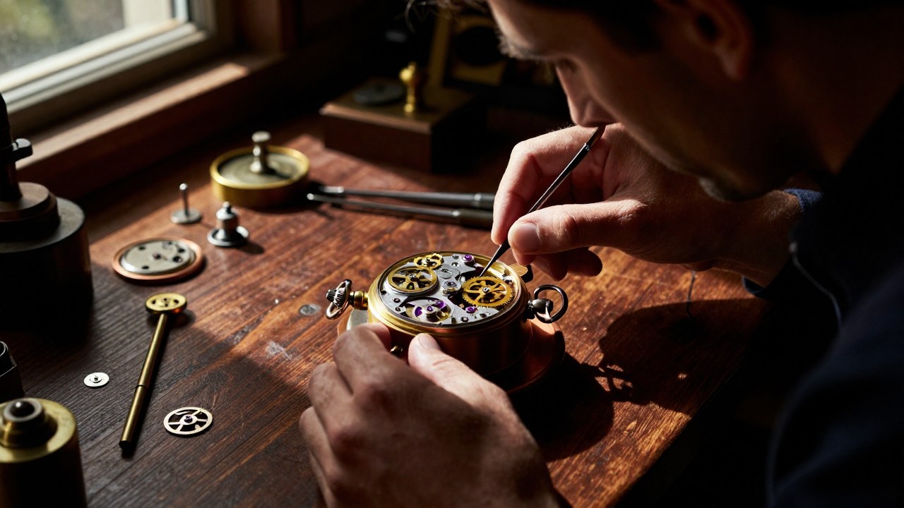 Horologero examinando con detalle los intrincados mecanismos de un reloj antiguo en su taller.