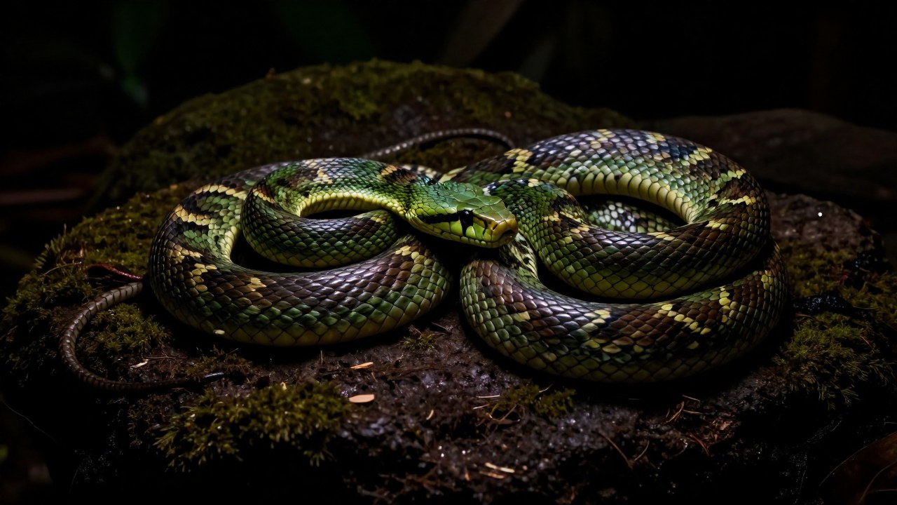 Serpiente venenosa con patrones verdes y marrones, enroscada sobre tierra o musgo oscuro.