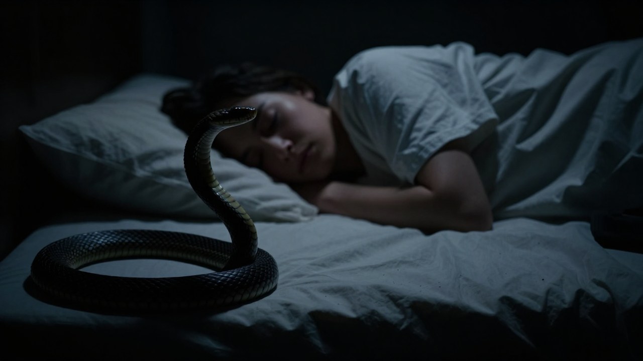 Persona durmiendo en la cama con una serpiente venenosa acechando cerca.