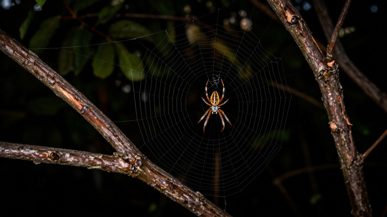 Araña construyendo una compleja y detallada telaraña entre las ramas de un árbol viejo.