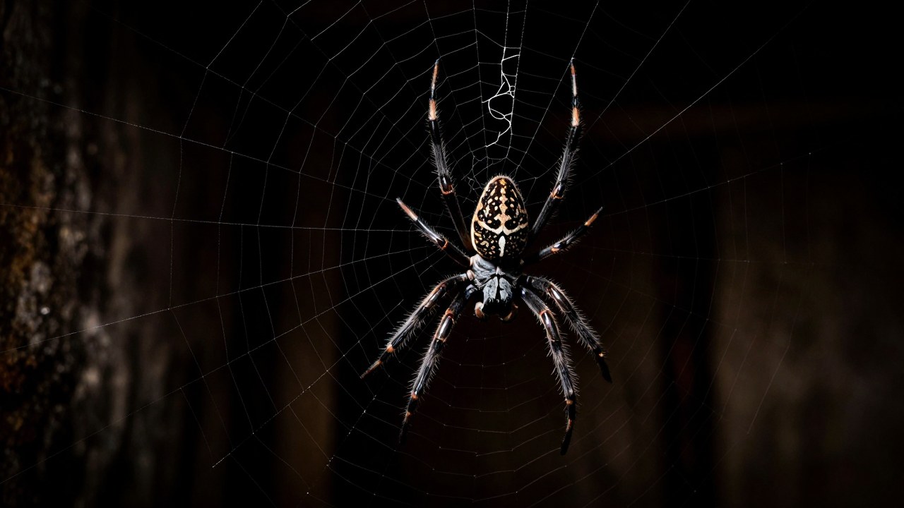 Una araña grande y oscura en una telaraña compleja, ambientada en un rincón interior y sombrío.