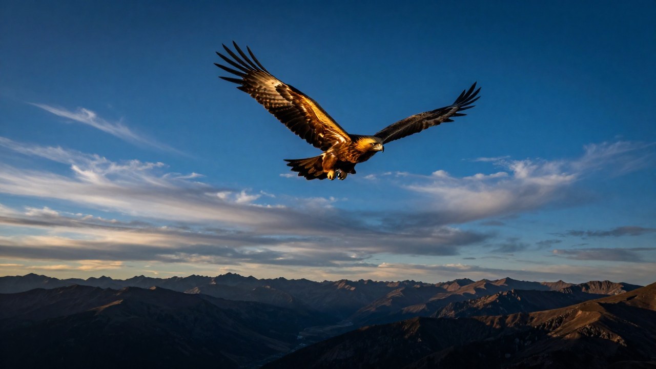 Águila dorado en vuelo sobre un vasto y accidentado paisaje montañoso durante el amanecer.