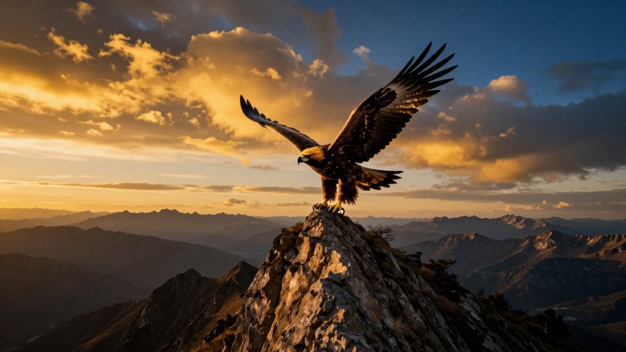 Águila dorada en vuelo sobre una imponente cordillera montañosa durante el amanecer.