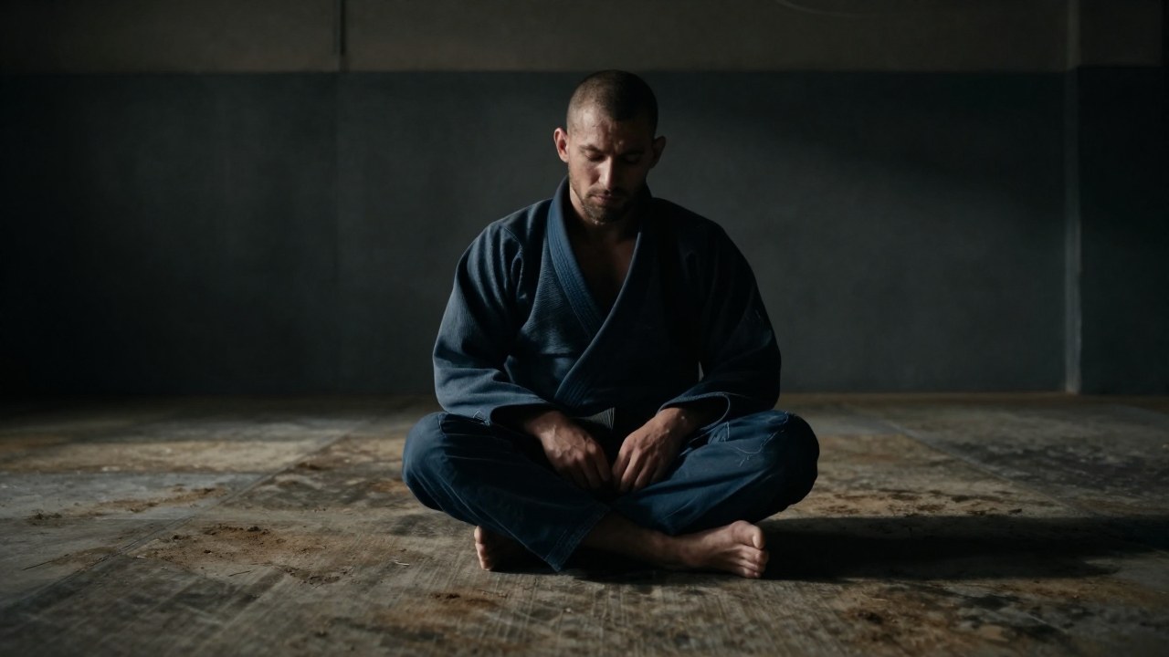 Atleta solitario sentado en el suelo de un dojo industrial, en el momento de una profunda rendición.