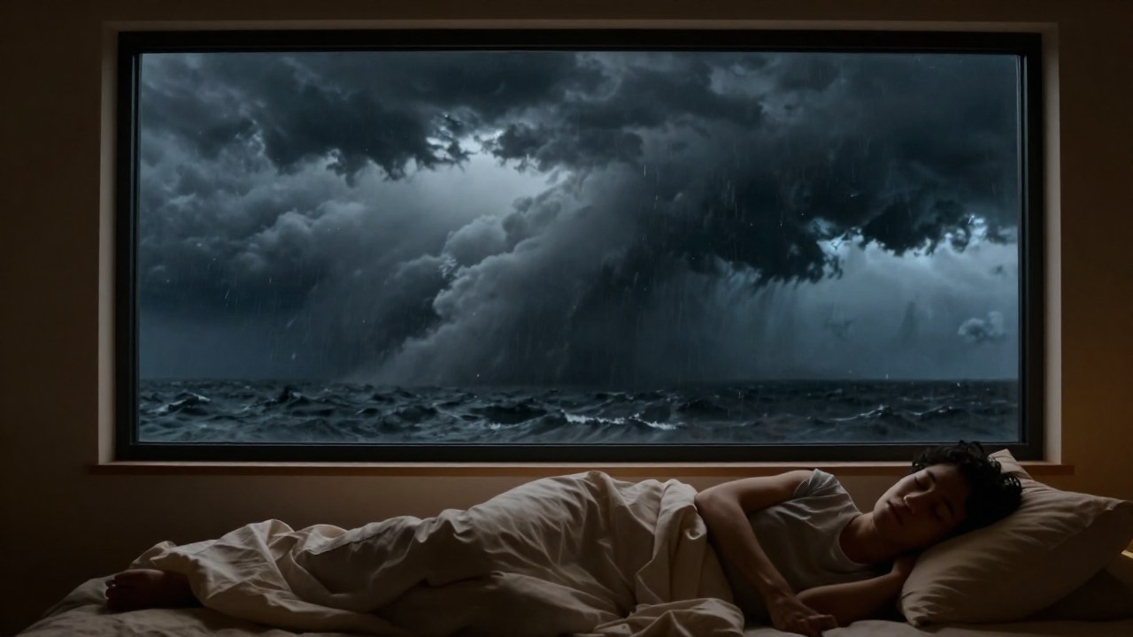 Un individuo duerme en paz en el interior mientras una poderosa tormenta huracanada revuelve el exterior.