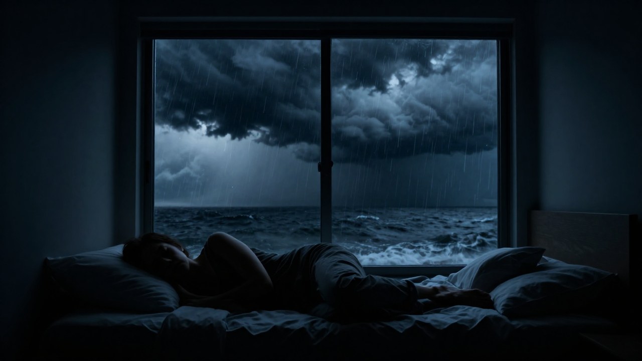 Un durmiente tranquilo en un dormitorio minimalista observa una tormenta severa a través de una ventana.