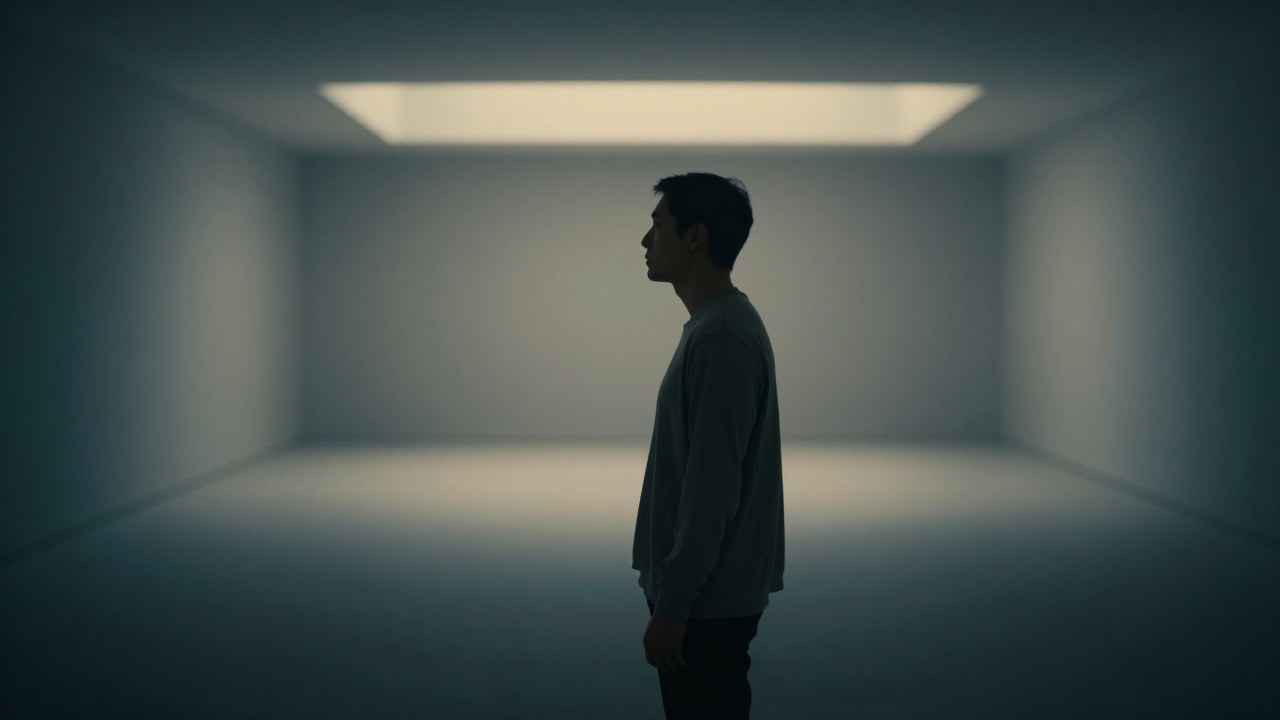 Figura solitaria en un vasto espacio minimalista, mirando un vacío con una postura de profunda introspección.
