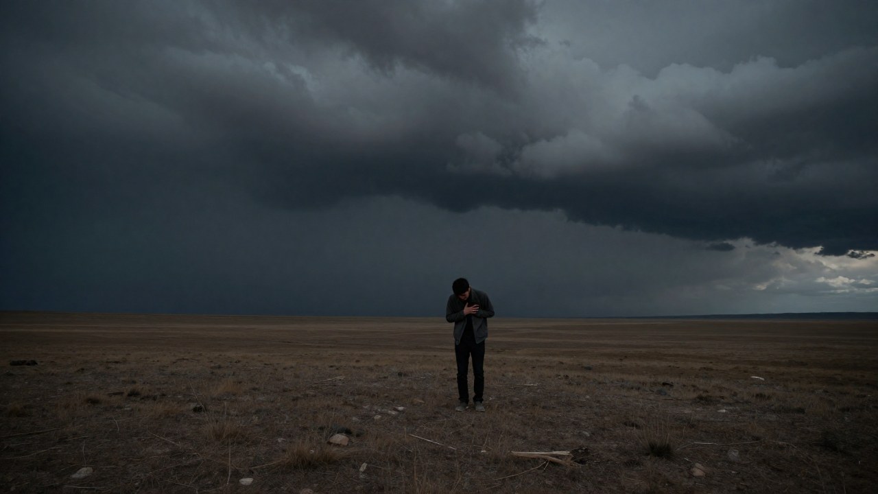 Una figura solitaria en un páramo vasto, visiblemente tensa, mientras se aproxima una tormenta nublada.