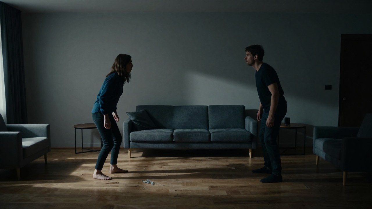 Una pareja está en una sala de estar moderna, enfrentándose con tensión visible.