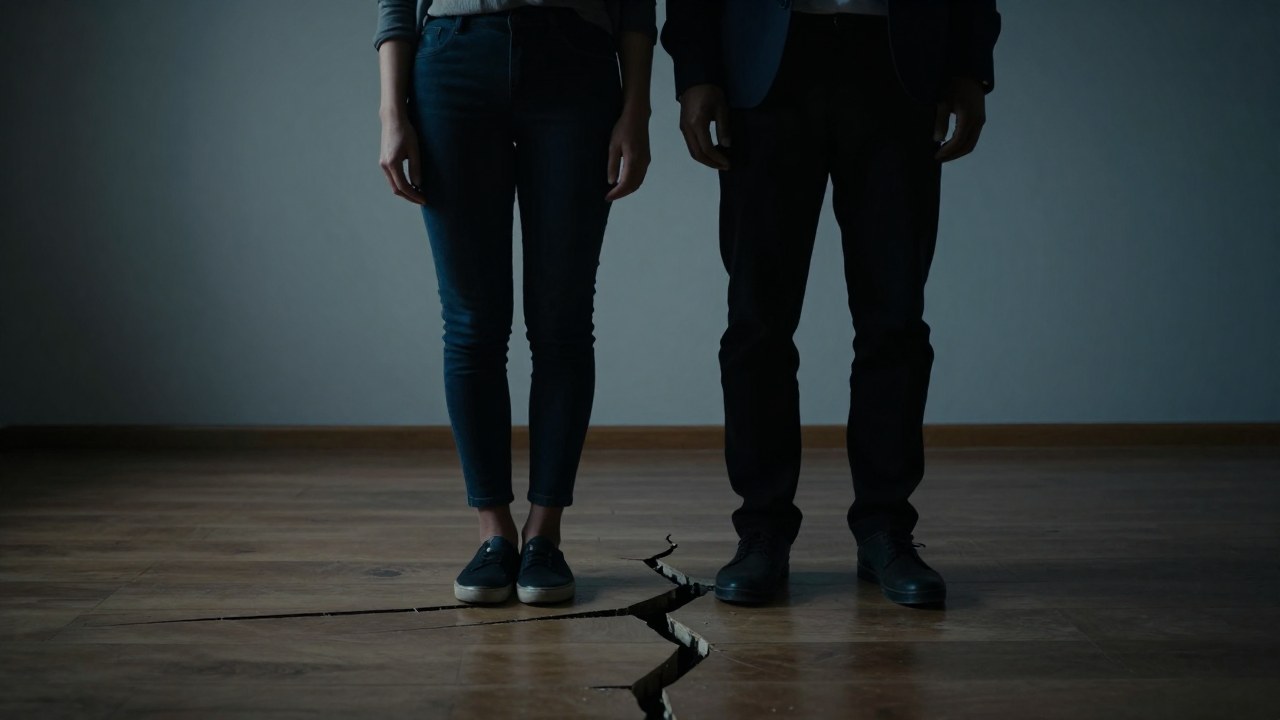 Una pareja diversa se encuentra de pie sobre un suelo agrietado que simboliza la inestabilidad de su relación.