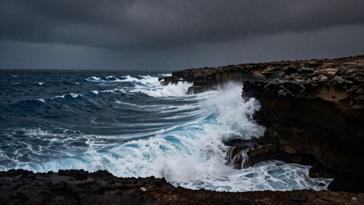 Olas turbulentas rompen contra acantilados costeros oscuros, ilustrando la fuerza y la inestabilidad del mar.
