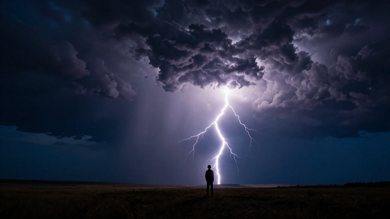 Figura solitaria silueteada mirando un cielo tormentoso con un relámpago sobre la pradera.