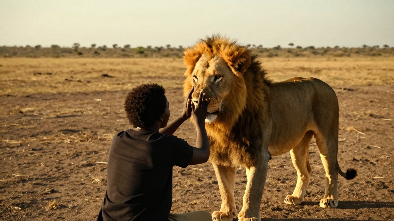 Un encuentro de confianza entre una persona y un león majestuoso en la sabana africana.