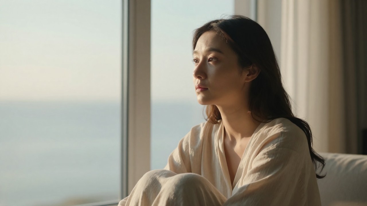 Joven madre contemplativa sentada junto a una ventana bañada por la luz suave de la mañana.